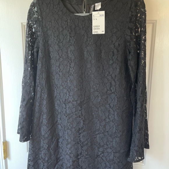 🆕H &‎ M divided lace overlay ladies dress-NWT-size 8-sheath-flared sleeves-mini - Picture 8 of 16